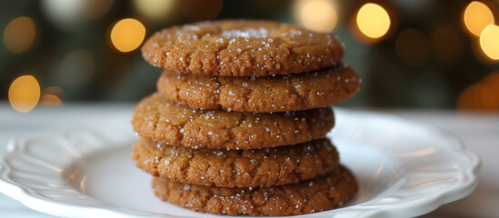 Merry Christmas and Happy Holidays. New Year. Noel. Christmas ginger sweets, gingerbread cookies on bokeh background close up. Xmas holiday food theme.	
