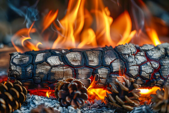 Burning log with pine cones symbolizing yule winter solstice celebration