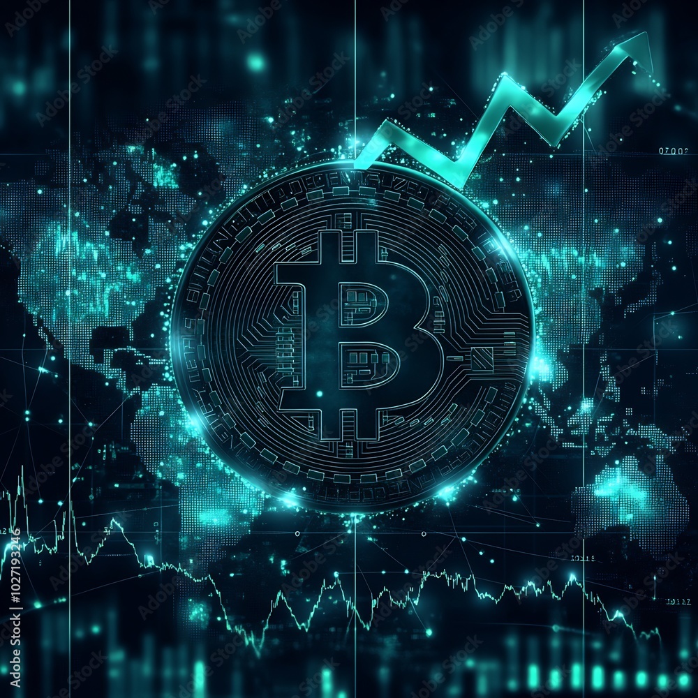 Poster bold bitcoin icon a transparent market chart green upwardtrending arrow symbolizing rising prices da