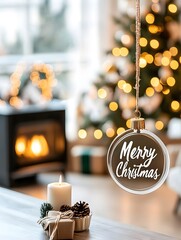 A cozy Christmas scene featuring a hanging ornament that says "Merry Christmas," with a lit candle, gift, and decorated tree in the background.