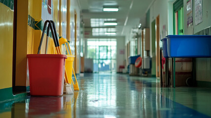janitor using mop cleaning in school