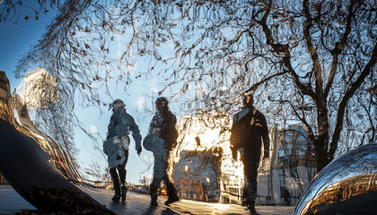 Photograph people next to reflective surfaces like metallic sculptures, water bodies, or shiny objects where the reflection is distorted or surreal