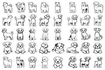 Bundle Black Line Art Cute Small Dog Pet Pose Hand Drawn Illustration