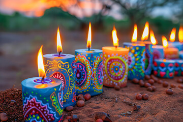 Row of lit kinara candles burning during kwanzaa celebration at sunset - Powered by Adobe