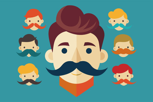 Movember celebration with diverse mustache styles and faces in flat design