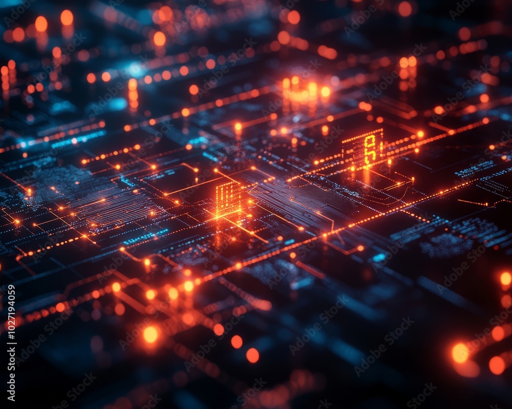 Sticker Abstract digital circuit board with glowing lines and nodes, representing data flow and connectivity.