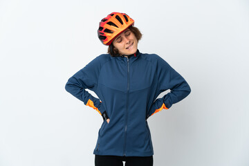 Young English cyclist woman isolated on white background suffering from backache for having made an effort