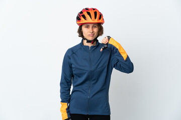 Young English cyclist woman isolated on white background showing thumb down with negative expression