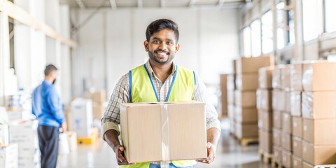 Image of logistics and transportation: Refreshing india worker carrying cardboard at a distribution center