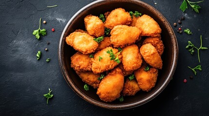 Top view of a brown bowl filled with crispy golden-brown fried chicken nuggets garnished with fresh parsley on a dark textured background