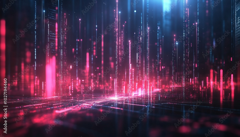 Wall mural Abstract digital city with glowing pink and blue lines.