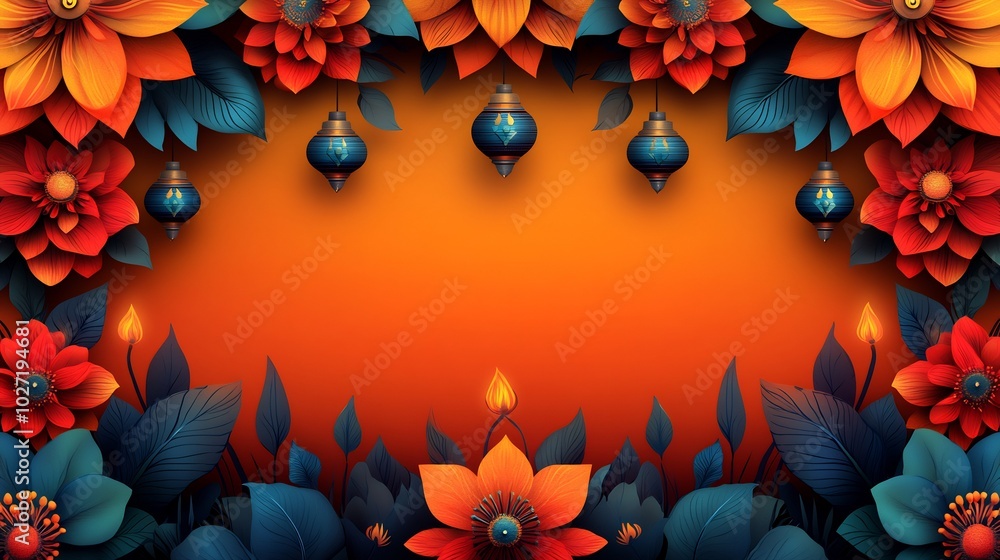 Poster Bright cheerful Diwali patterned vector with vivid rangoli designs and stylized lanterns set on a gradient orange background The design surrounds a blank area in the middle for adding text