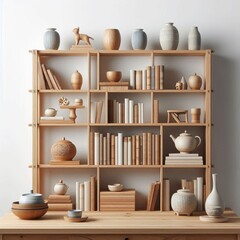 A 3D render of a bookshelf filled with books and a plant in a cozy home