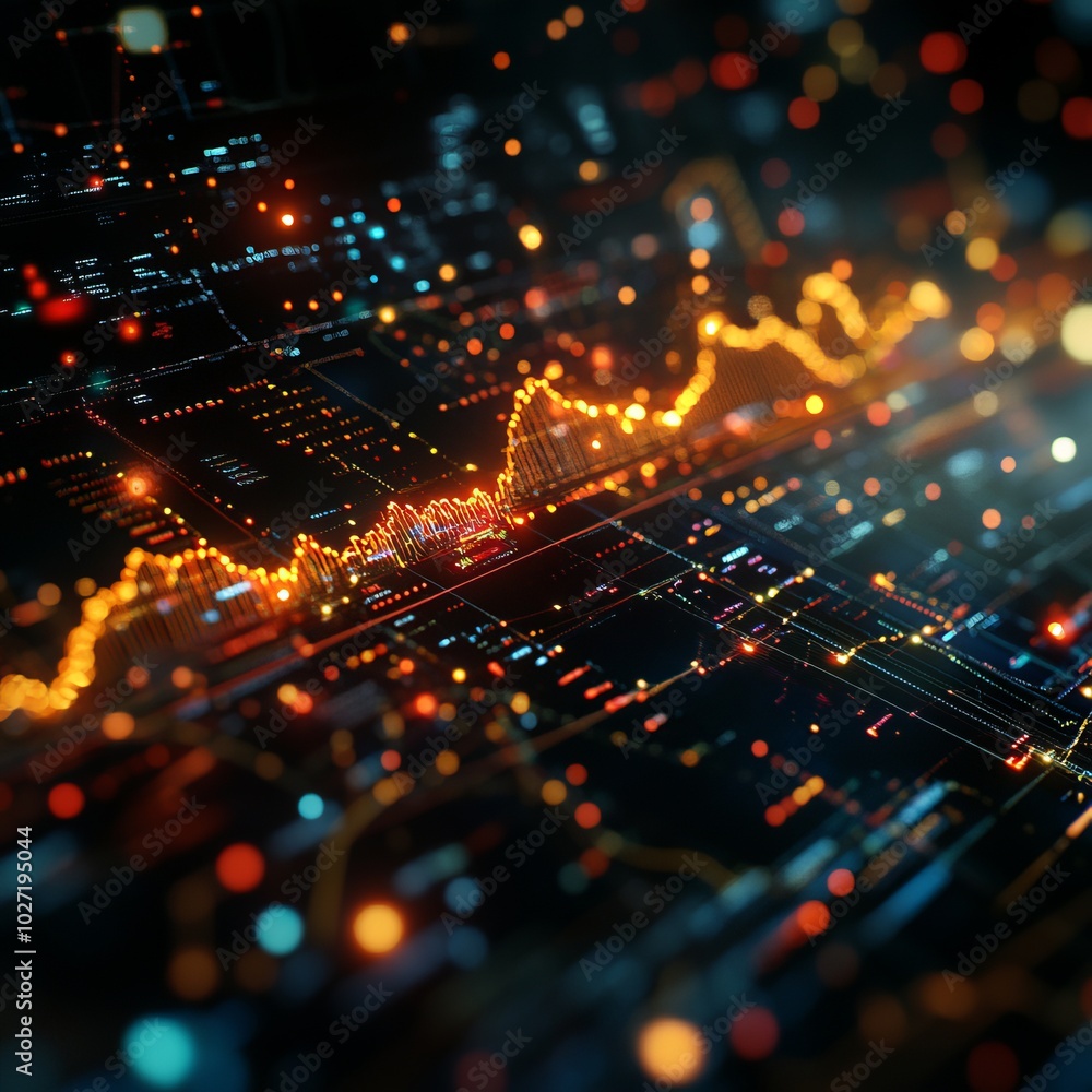 Poster Abstract digital data visualization with glowing lines and dots, representing growth and progress.