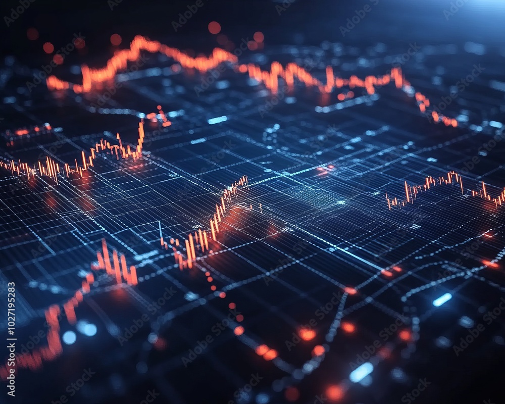 Sticker Abstract digital data visualization with red and blue lines.