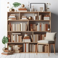 Bookshelf filled with books in a library featuring wooden shelves, showcasing a collection of literature and promoting education and knowledge