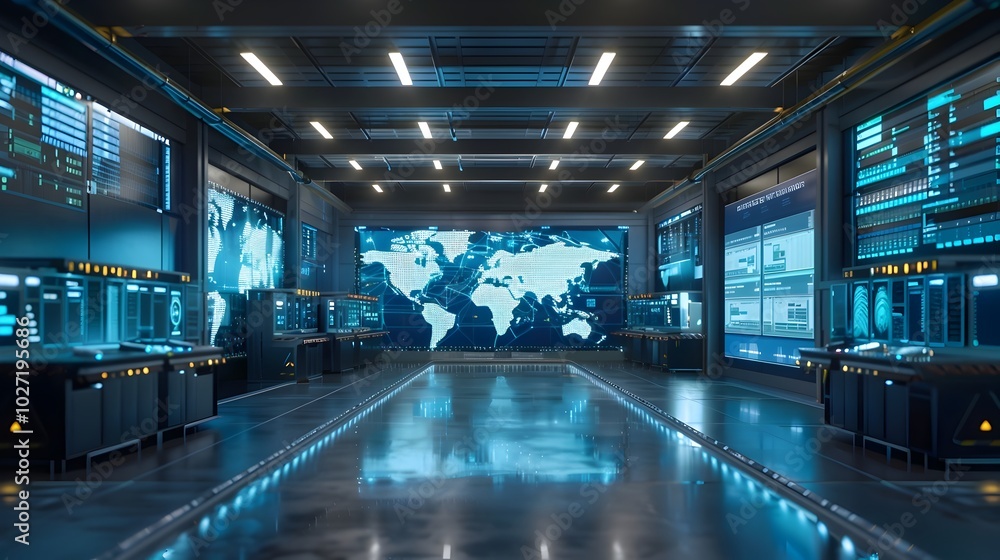 Poster advanced logistics control center with holographic maps and real time data monitoring