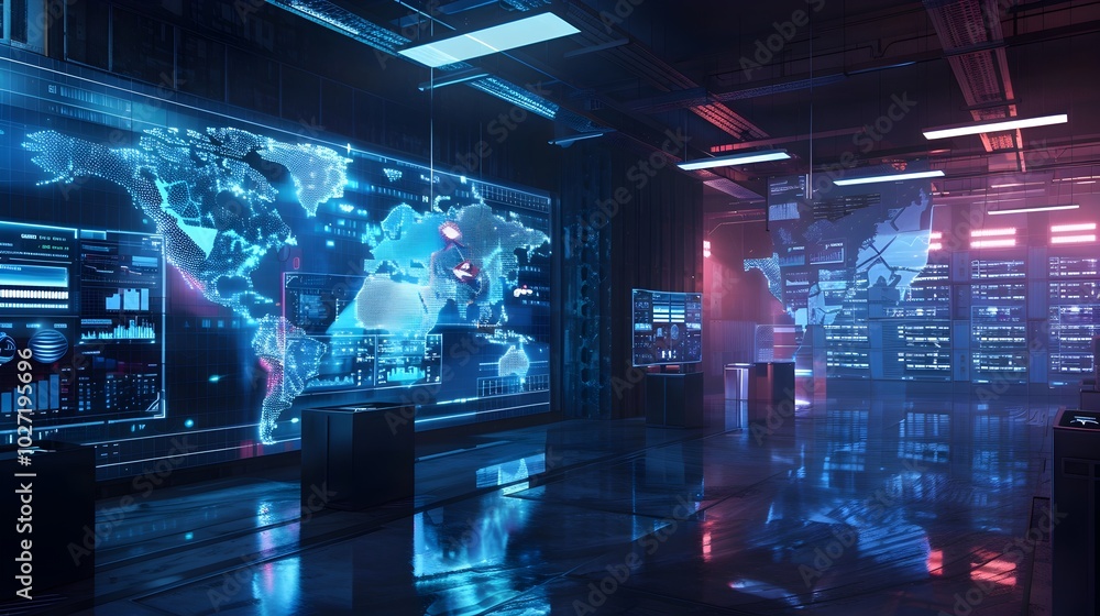 Poster futuristic logistics control center with holographic mapping and real time data tracking