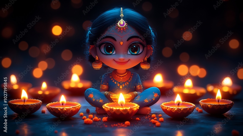 Poster bright colorful lamps with candles in a charming cartoon style set against a dynamic backdrop filled