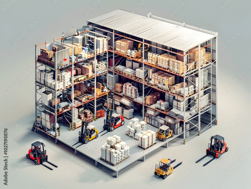 Poster cross section view of efficient warehouse with layered storage and forklifts organizing goods