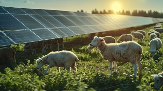 A field of photovoltaic panels, the ground is green, sheep are grazing underneath.