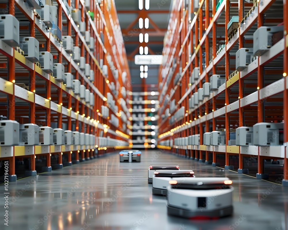 Poster automated warehouse with guided vehicles transporting items efficiently