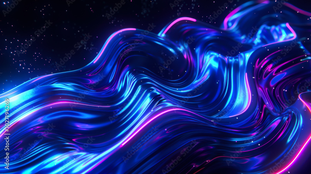 Poster abstract blue glowing waves in a dark background with a smooth, fluid texture