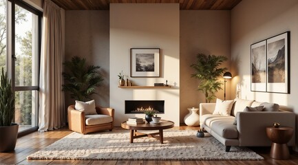 Cozy living room interior design with modern furniture and plants in soft blue tones