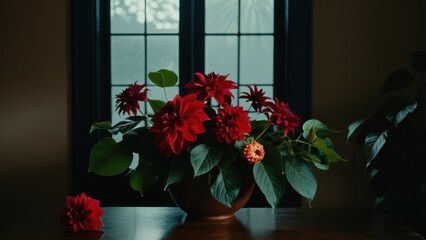 Fototapeta premium Exotic monstera and ginger with red dahlias bouquet, ideal for botanical art, event invitations, and floral compositions