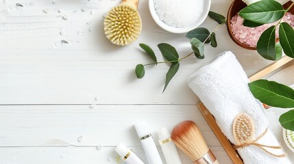 A serene spa setting with an aromatic theme featuring face creams incense and essential oils arranged on a white wooden table with room for additional image