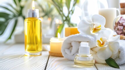 A serene spa setting with an aromatic theme featuring face creams incense and essential oils arranged on a white wooden table with room for additional image