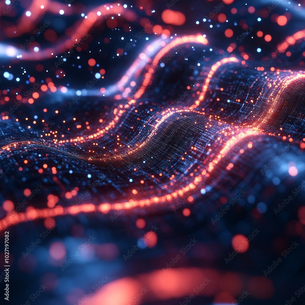 Wall mural Abstract digital wave with glowing red and blue particles.