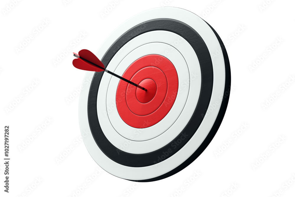 Poster Target with arrow in bullseye on a white background, concept of accuracy. 3D Rendering.