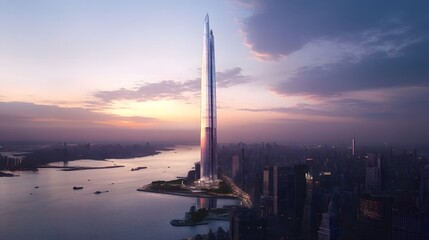 Fototapeta premium A Tall Skyscraper Piercing the Sunset Sky Over a Cityscape