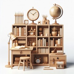 Modern reading room interior with wooden furniture and built-in bookshelves