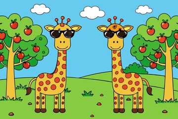 Naklejka premium Two giraffes walk. Green meadow with fruit trees