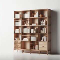 A 3D render of a bookshelf over the white wall filled with books and decorative items, showcasing a stylish design for a cozy home or office interior
