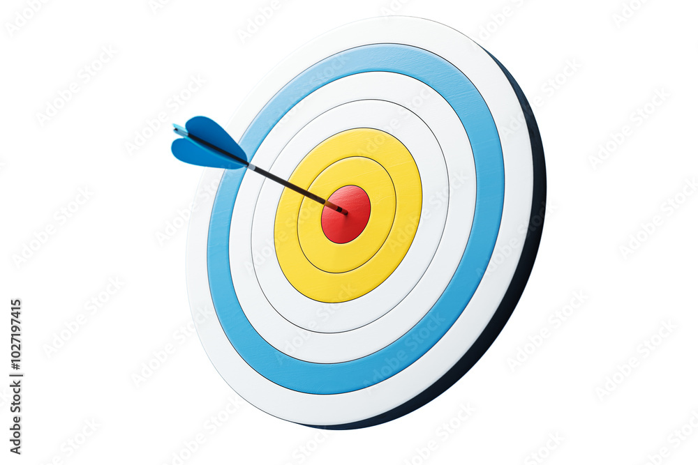 Poster target with arrow hitting bullseye, isolated on white background. 3d rendering