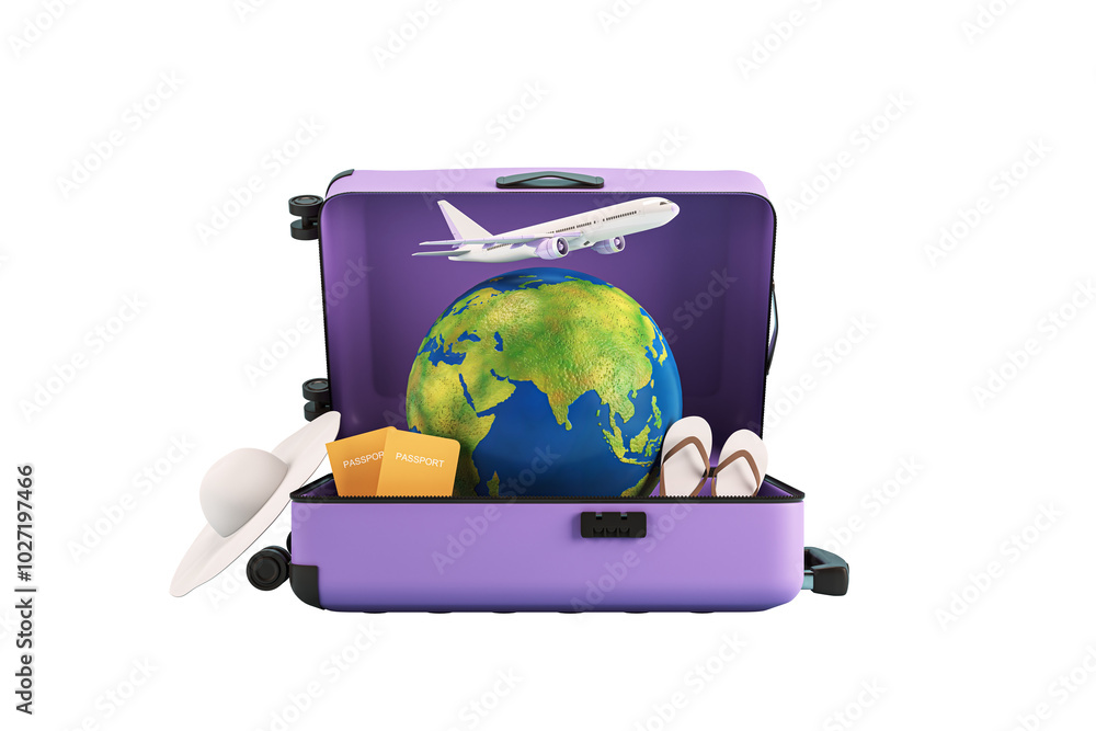 Poster open suitcase with globe, passport, airplane on white background. 3d rendering