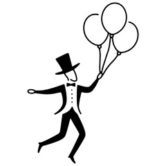 風船を持って飛んでいる英国紳士のシンプルな線画イラスト　透過背景の切り抜き