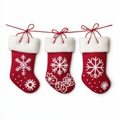 Three festive Christmas stockings with snowflake designs, white isolated background.