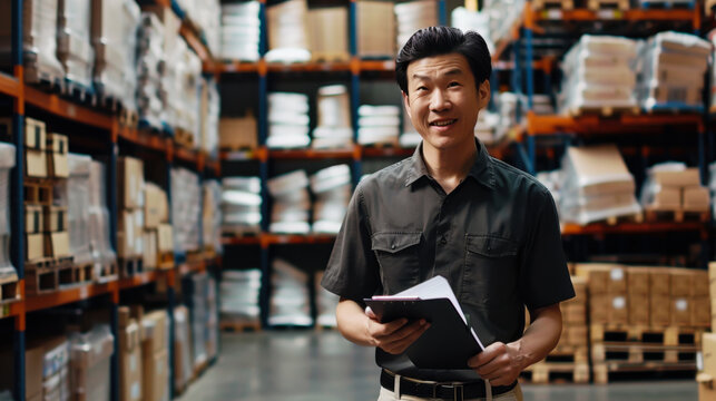 A smiling warehouse worker holding a clipboard in a busy storage facility during the day