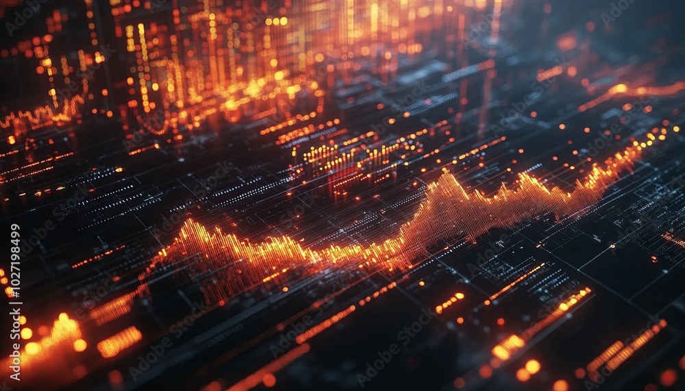 Wall mural Abstract glowing lines and data points form a graph on a dark digital circuit board background.