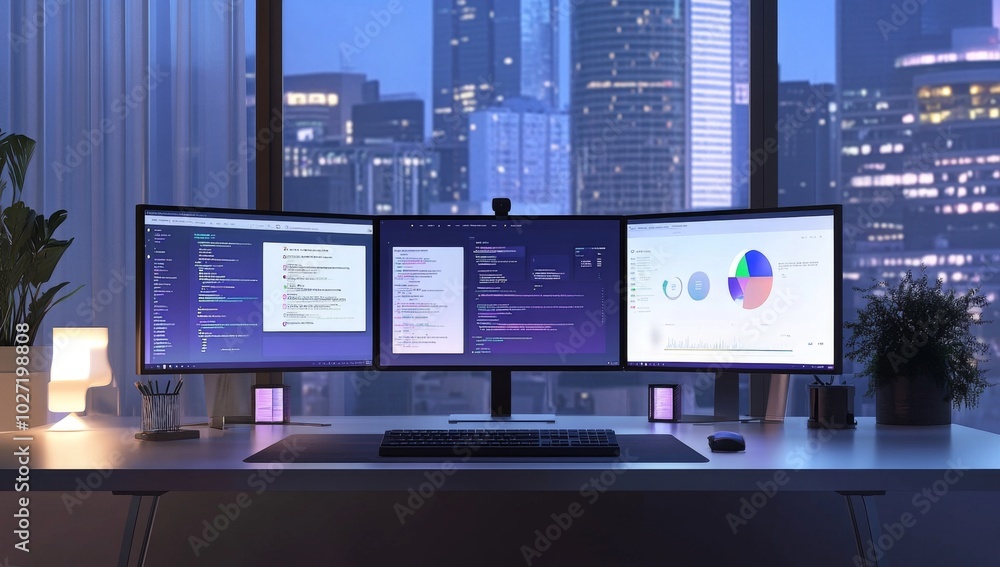 Poster a minimalist workspace with three monitors displaying code, text, and a chart, set against a backdro