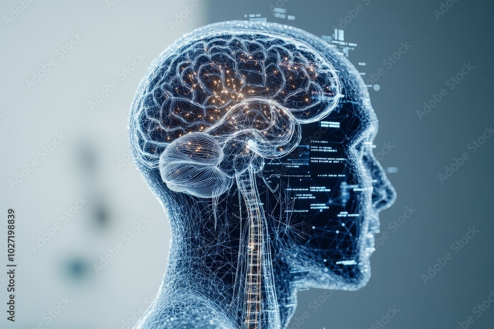 Poster a digital visualization of a human head highlighting neural pathways and networks, symbolizing advan