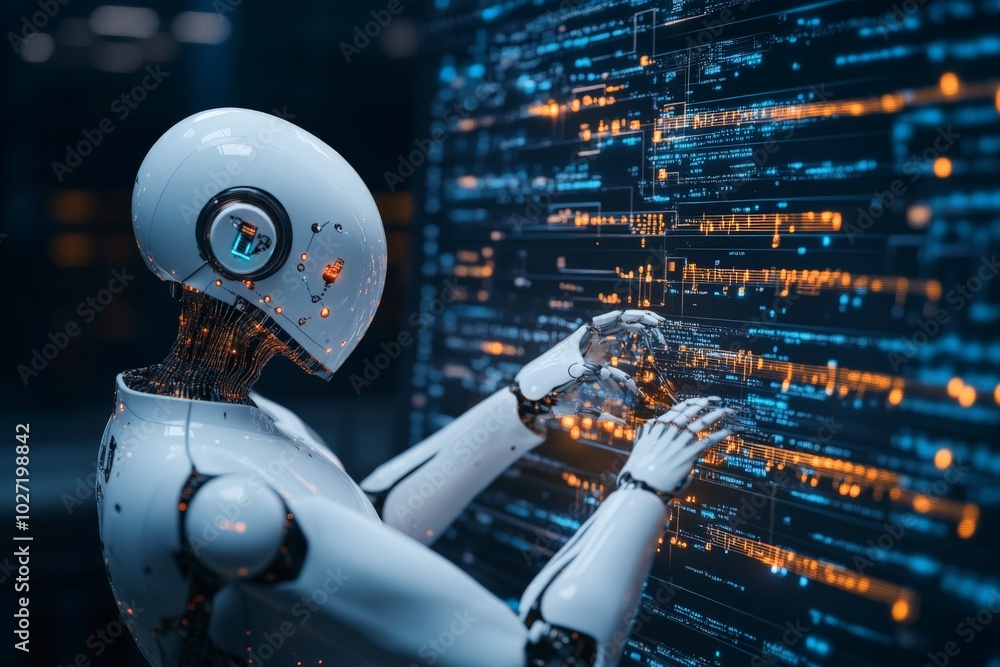 Poster a sleek and modern robot engages with a digital display showcasing advanced technology and programmi