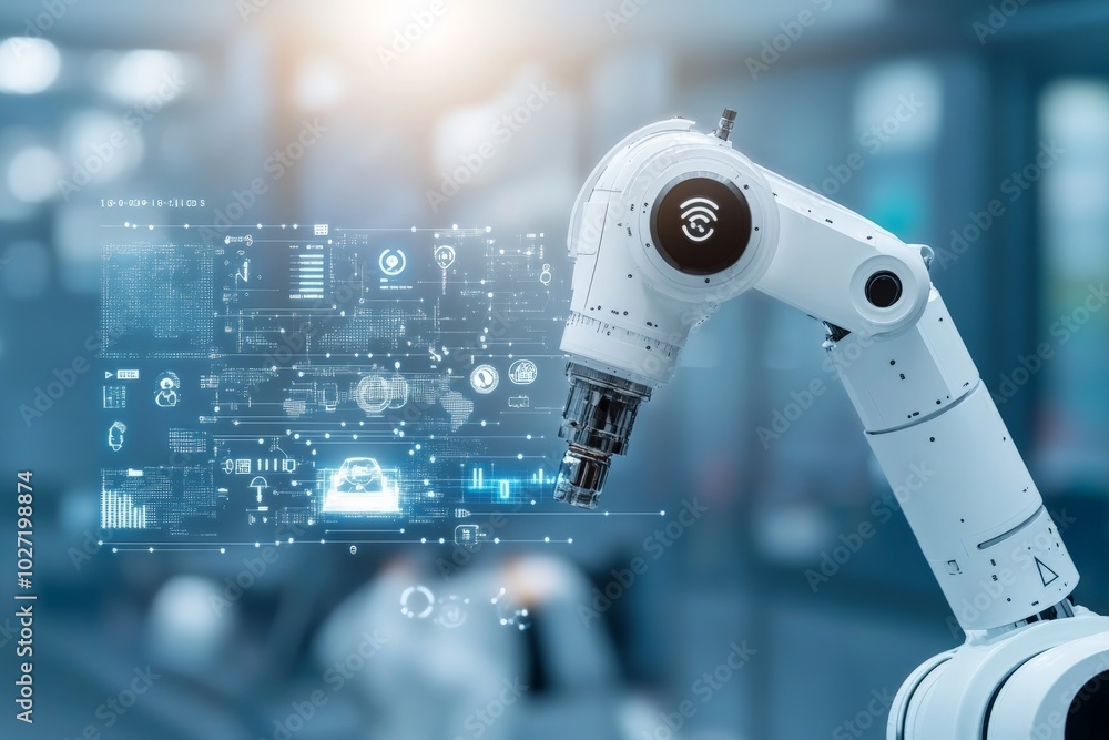 Poster a highly advanced robotic arm is focused on a digital blueprint, showcasing its precision and automa