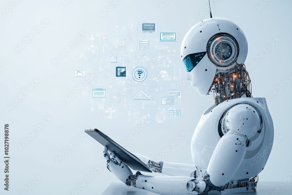 Poster a modern robot holds a tablet, analyzing digital symbols that denote advanced data processing, refle