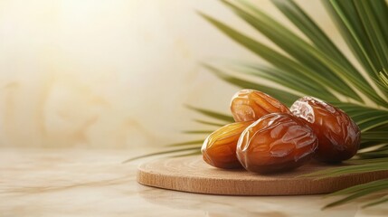 Three Dates on a Wooden Cutting Board with Palm Fronds