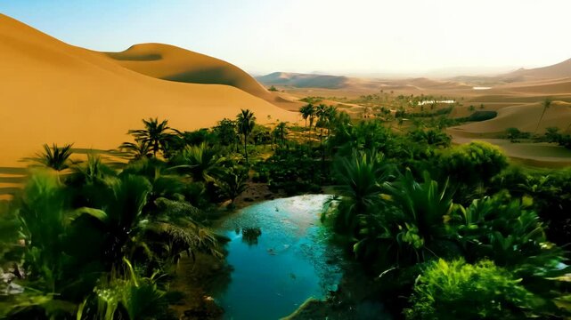 The camera flies over a desert oasis with palm trees and sand dunes in the distance

.